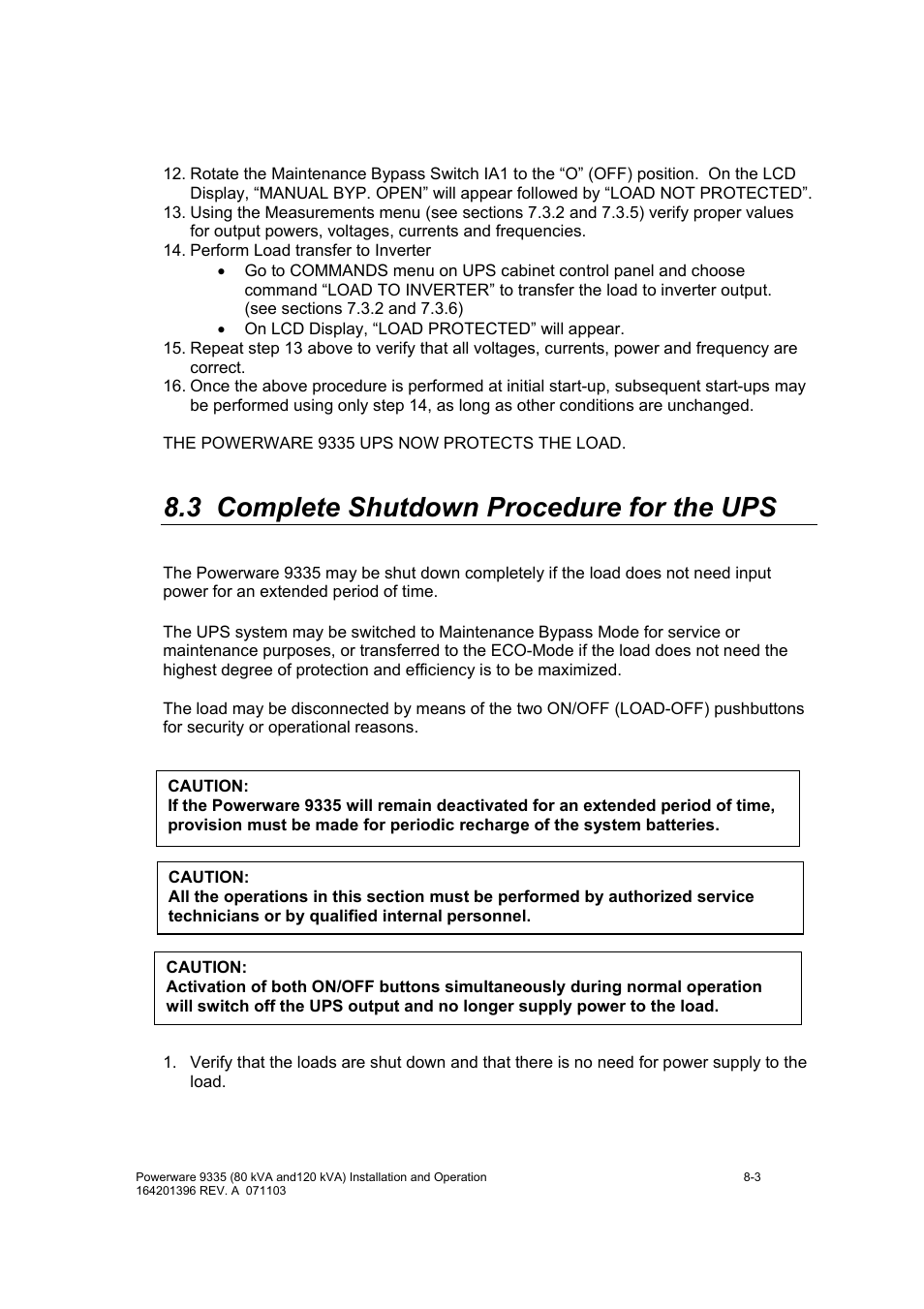 3 complete shutdown procedure for the ups | Powerware 9335 User Manual | Page 63 / 100