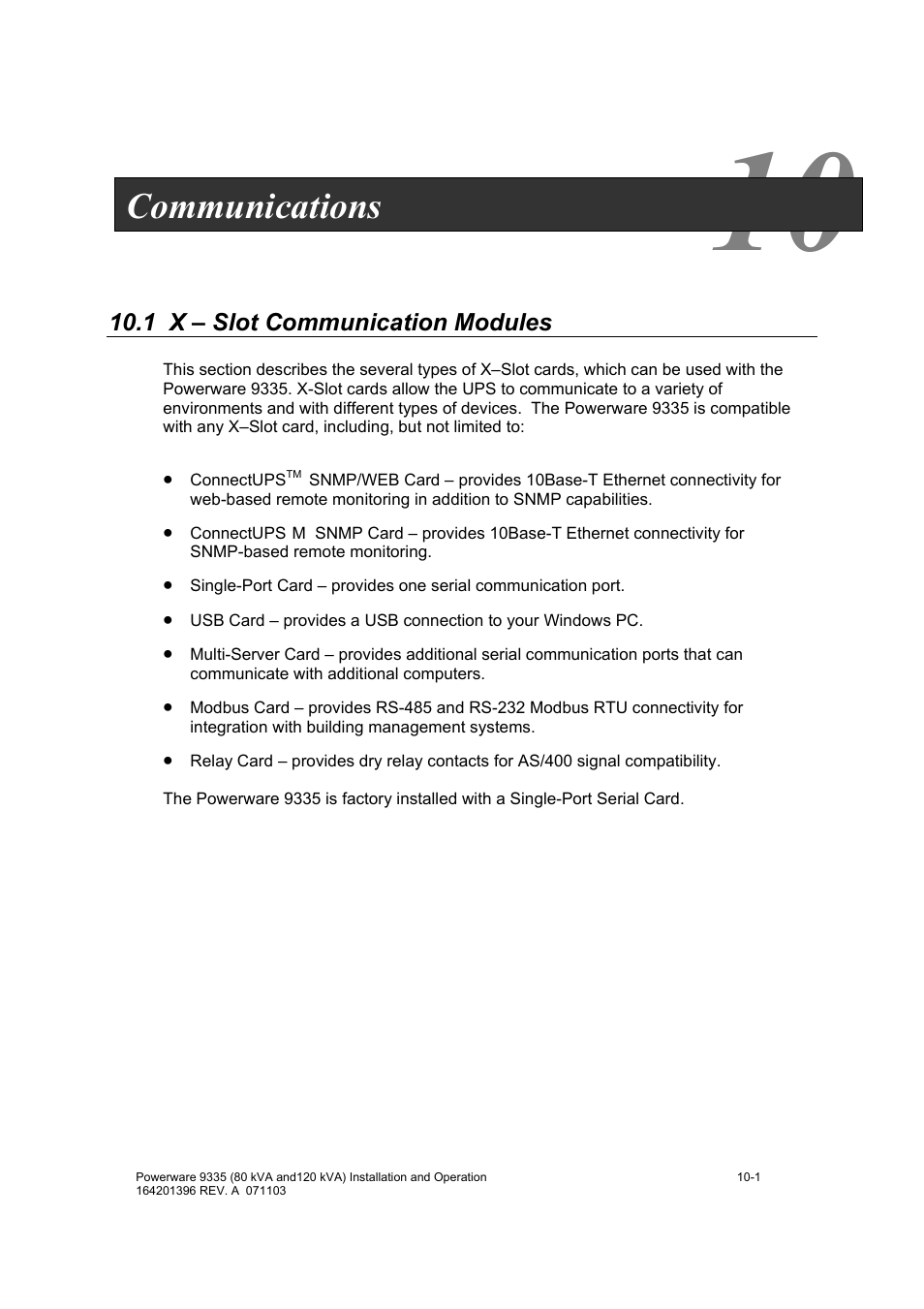 Communications | Powerware 9335 User Manual | Page 69 / 100
