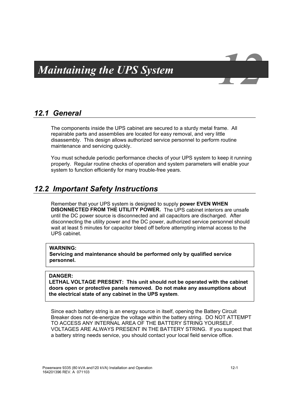 Maintaining the ups system | Powerware 9335 User Manual | Page 75 / 100