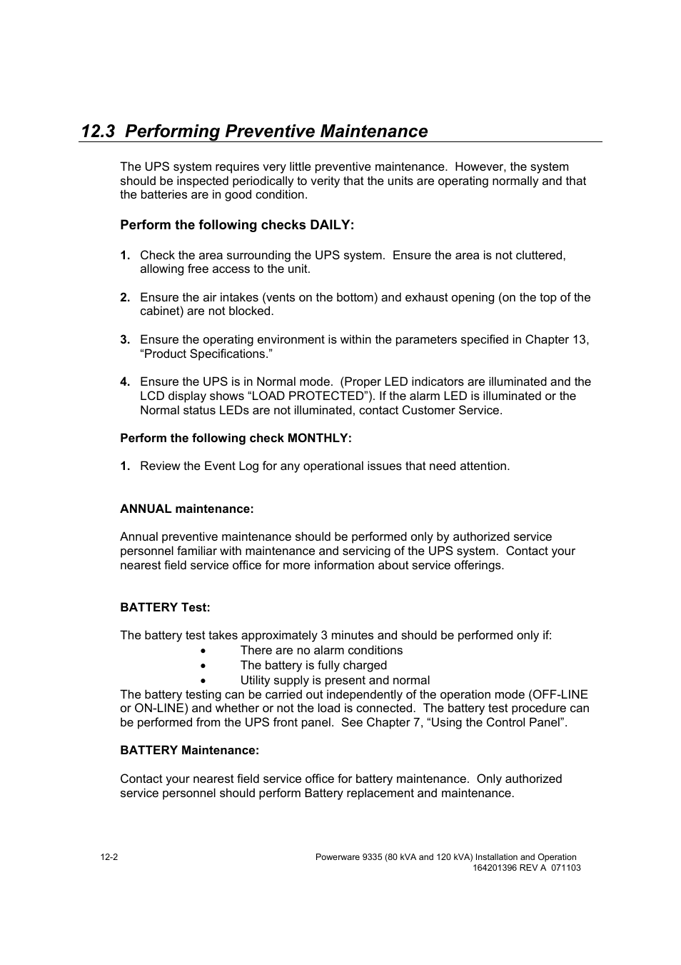 3 performing preventive maintenance | Powerware 9335 User Manual | Page 76 / 100