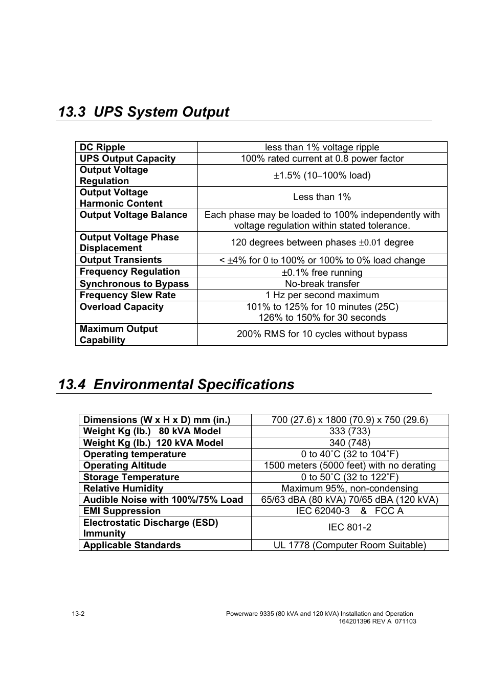 3 ups system output, 4 environmental specifications | Powerware 9335 User Manual | Page 78 / 100