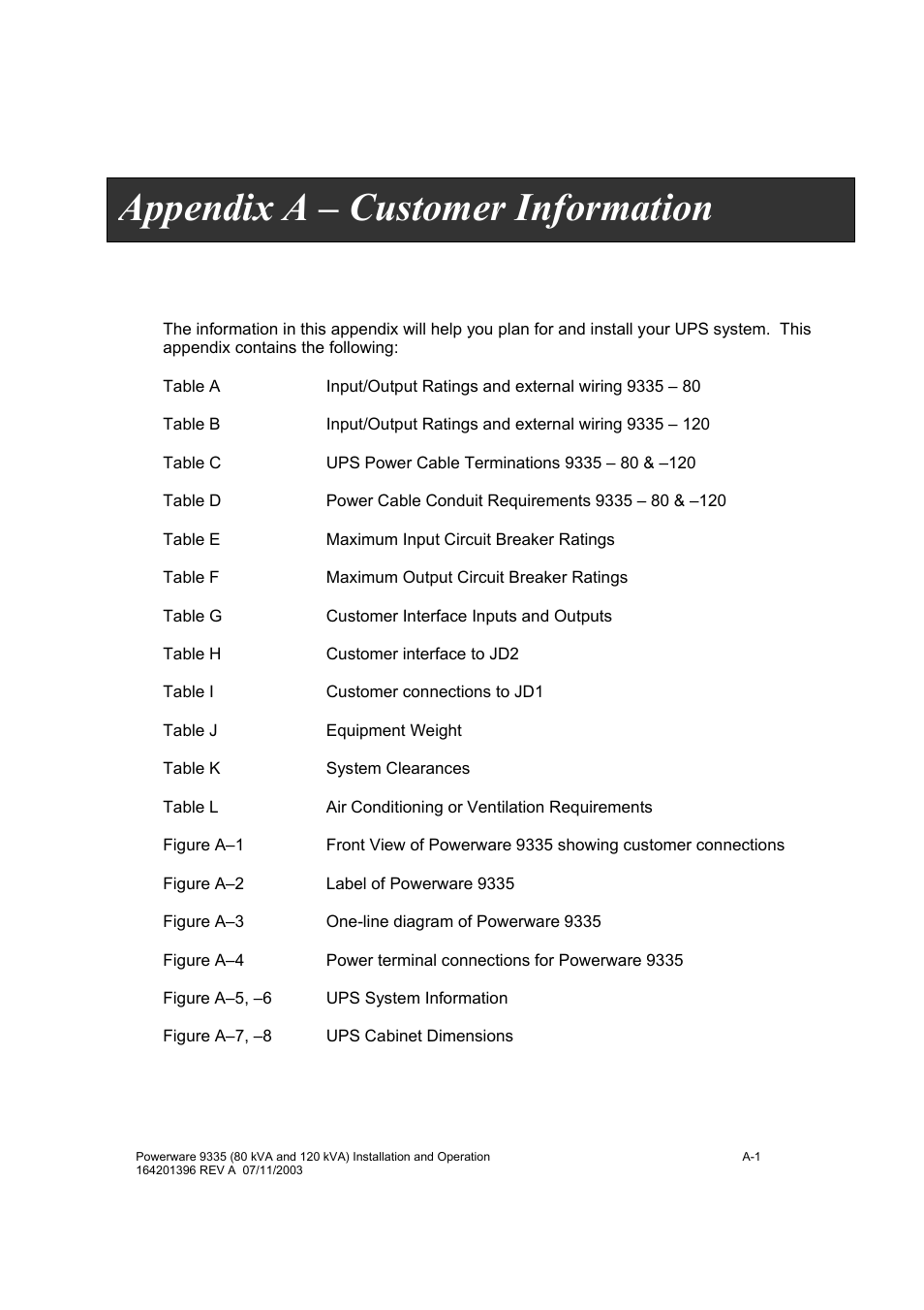 Appendix a – customer information | Powerware 9335 User Manual | Page 79 / 100