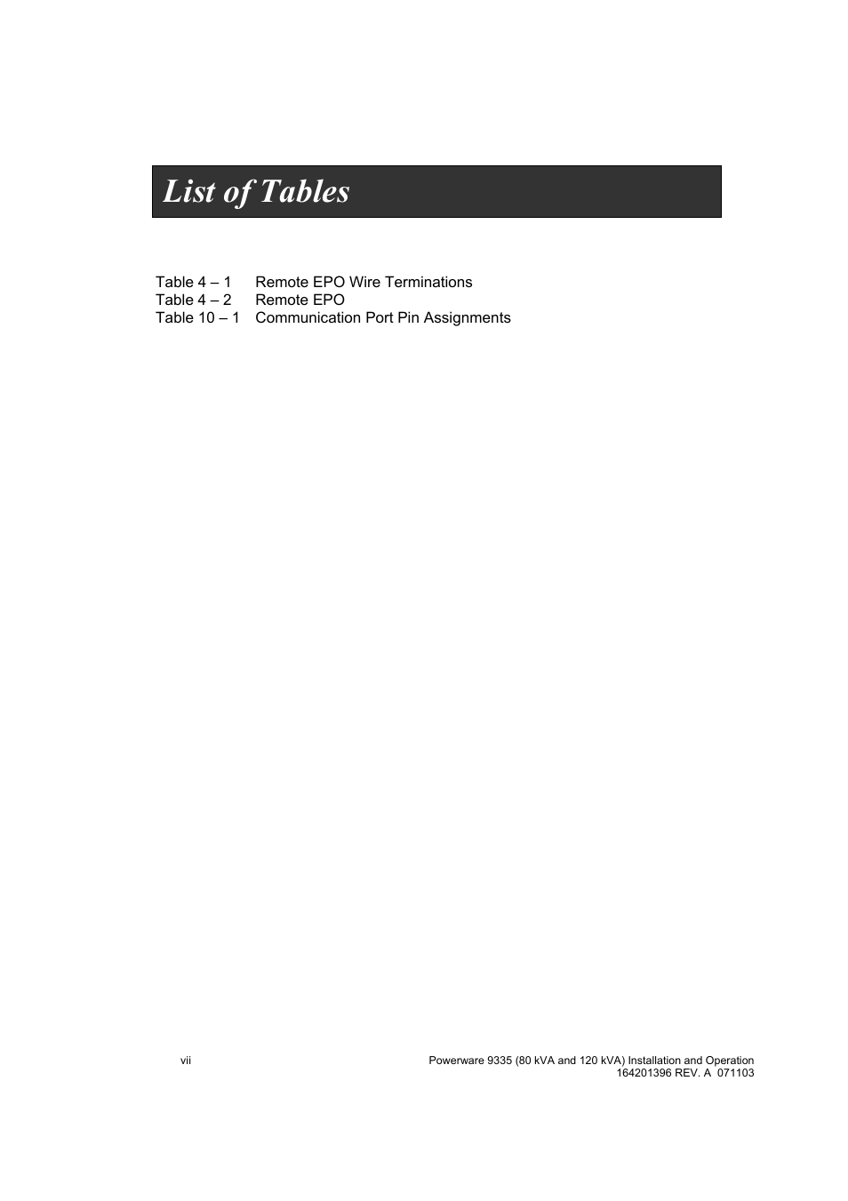 List of tables | Powerware 9335 User Manual | Page 8 / 100