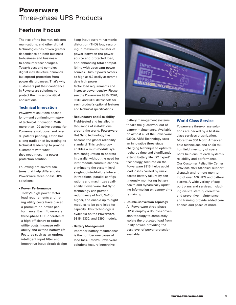 Powerware three-phase ups products, Feature focus | Powerware 9120 User Manual | Page 11 / 24