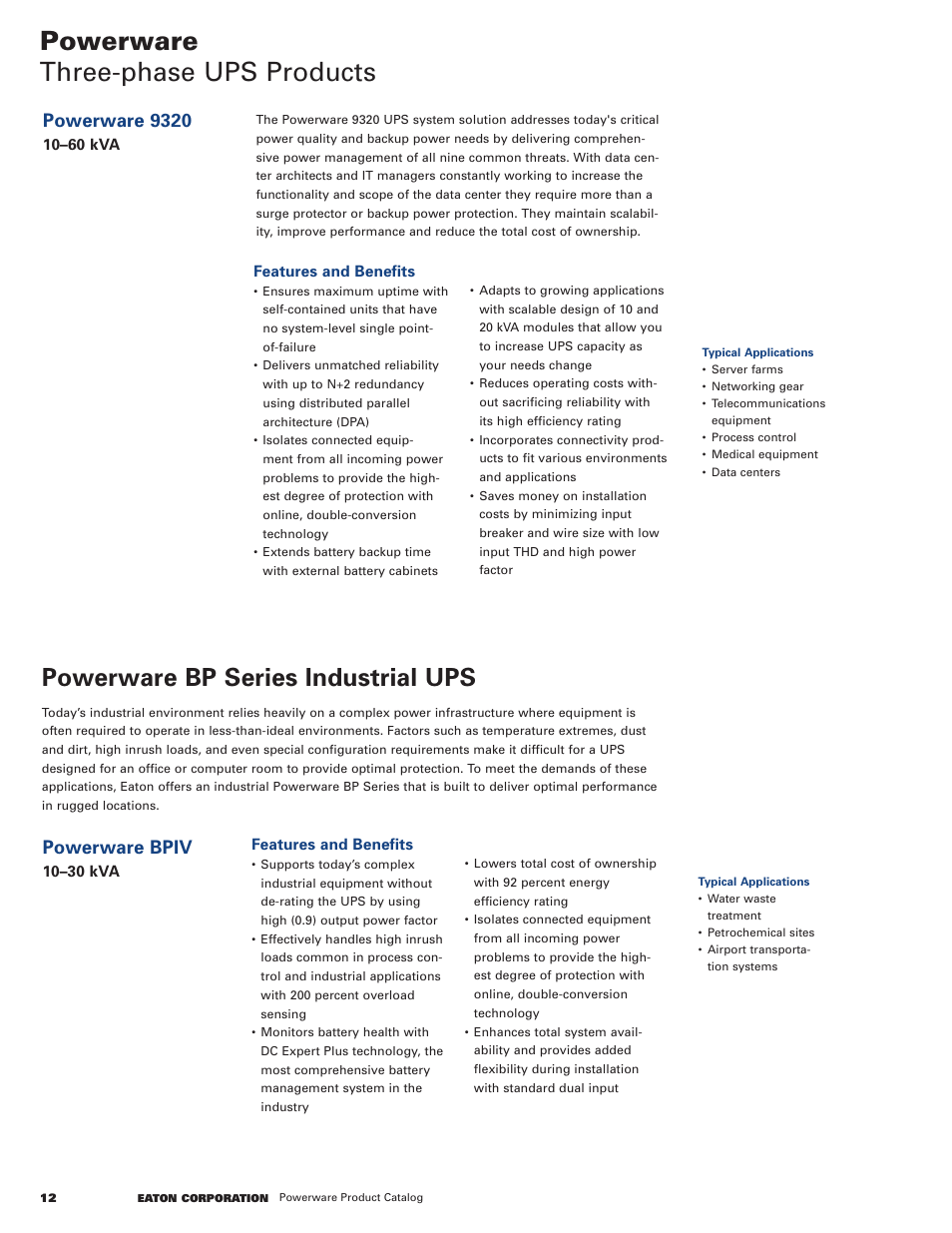 Powerware three-phase ups products, Powerware bp series industrial ups, Powerware 9320 | Powerware bpiv | Powerware 9120 User Manual | Page 14 / 24