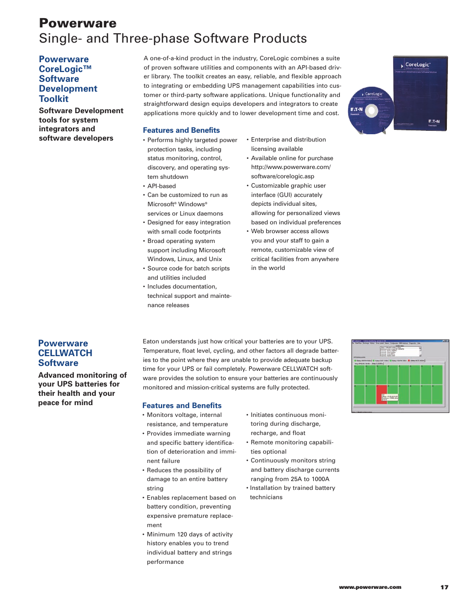 Powerware corelogic™ software development toolkit, Powerware cellwatch software | Powerware 9120 User Manual | Page 19 / 24