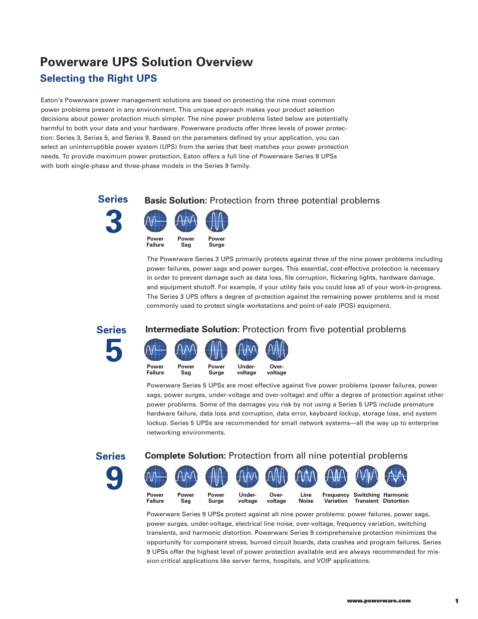 Powerware ups solution overview, Selecting the right ups, Series | Powerware 9120 User Manual | Page 3 / 24