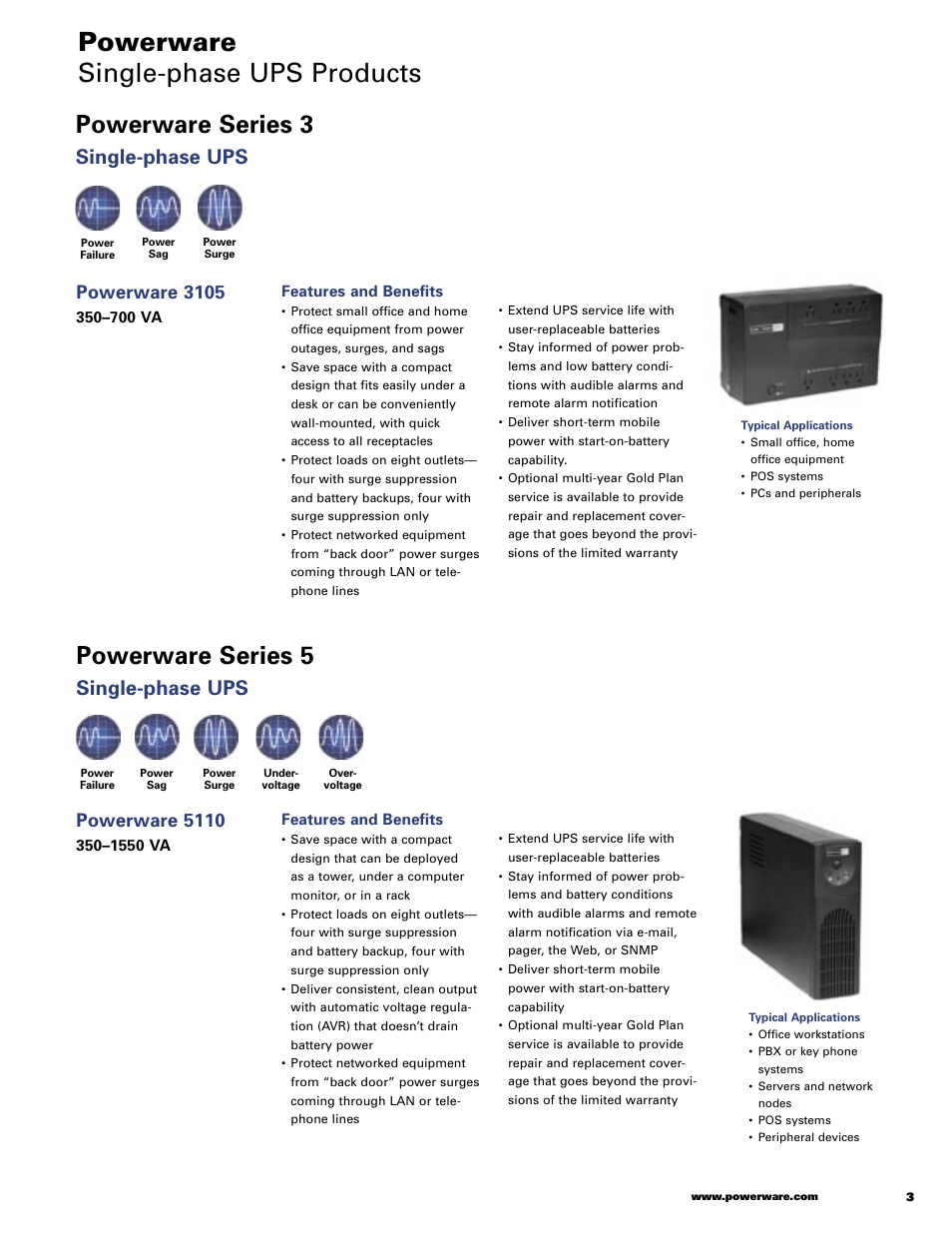 Powerware single-phase ups products, Powerware series 3, Powerware series 5 | Single-phase ups, Powerware 3105, Powerware 5110 | Powerware 9120 User Manual | Page 5 / 24