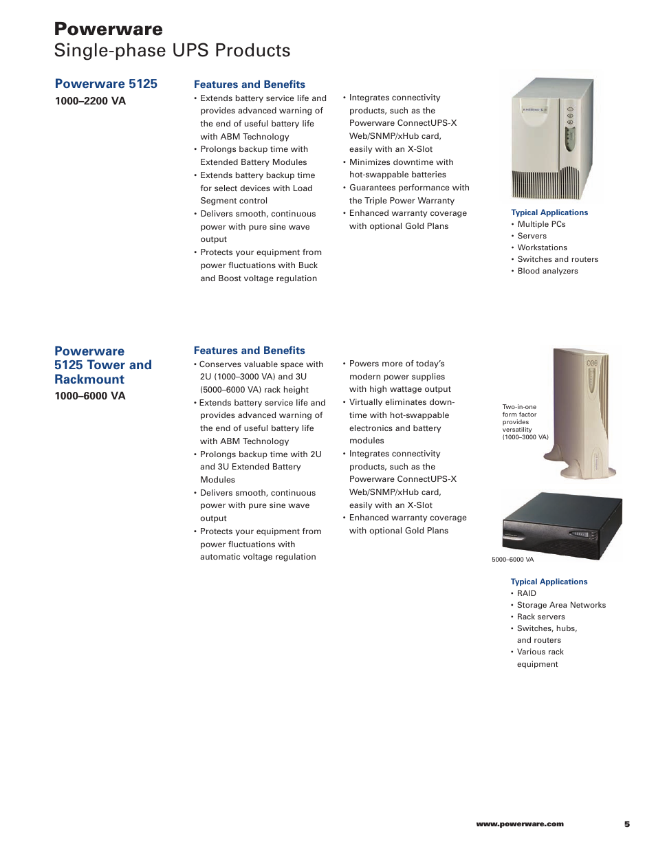 Powerware single-phase ups products, Powerware 5125, Powerware 5125 tower and rackmount | Powerware 9120 User Manual | Page 7 / 24