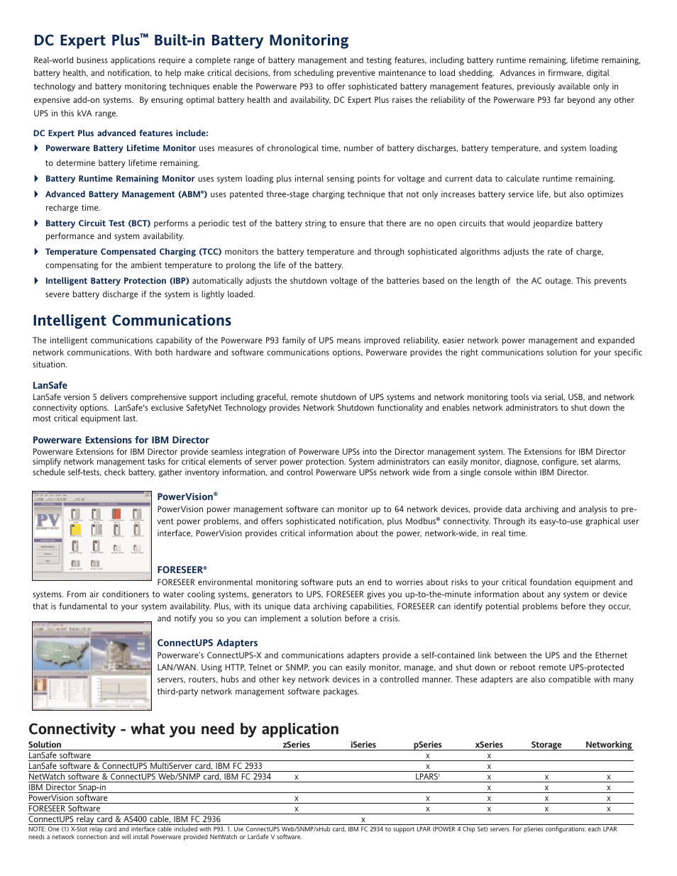 Connectivity - what you need by application, Dc expert plus, Built-in battery monitoring | Intelligent communications | Powerware P93 User Manual | Page 3 / 6