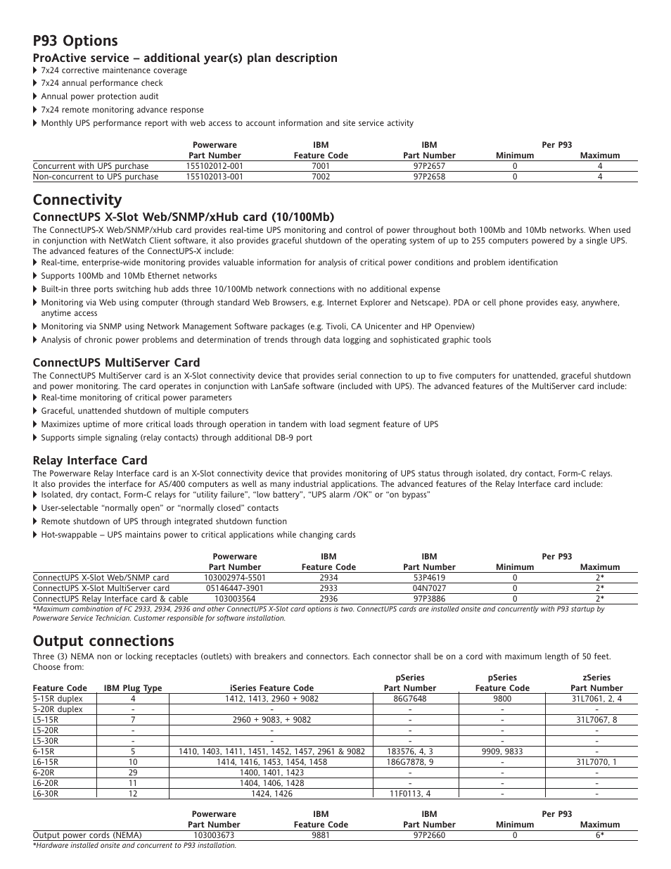 P93 options, Connectivity, Output connections | Connectups multiserver card, Relay interface card | Powerware P93 User Manual | Page 4 / 6