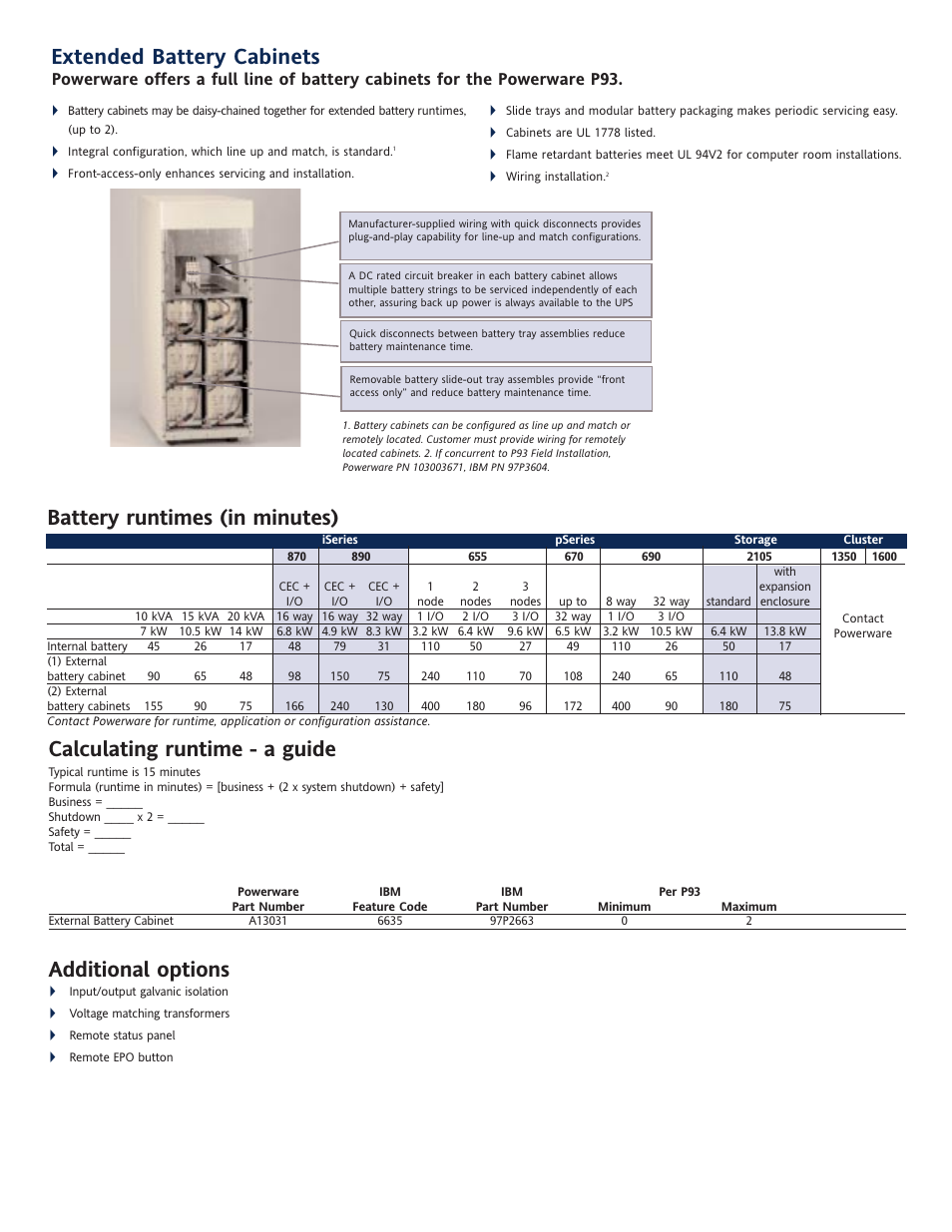 Battery runtimes (in minutes), Extended battery cabinets, Calculating runtime - a guide | Additional options | Powerware P93 User Manual | Page 5 / 6