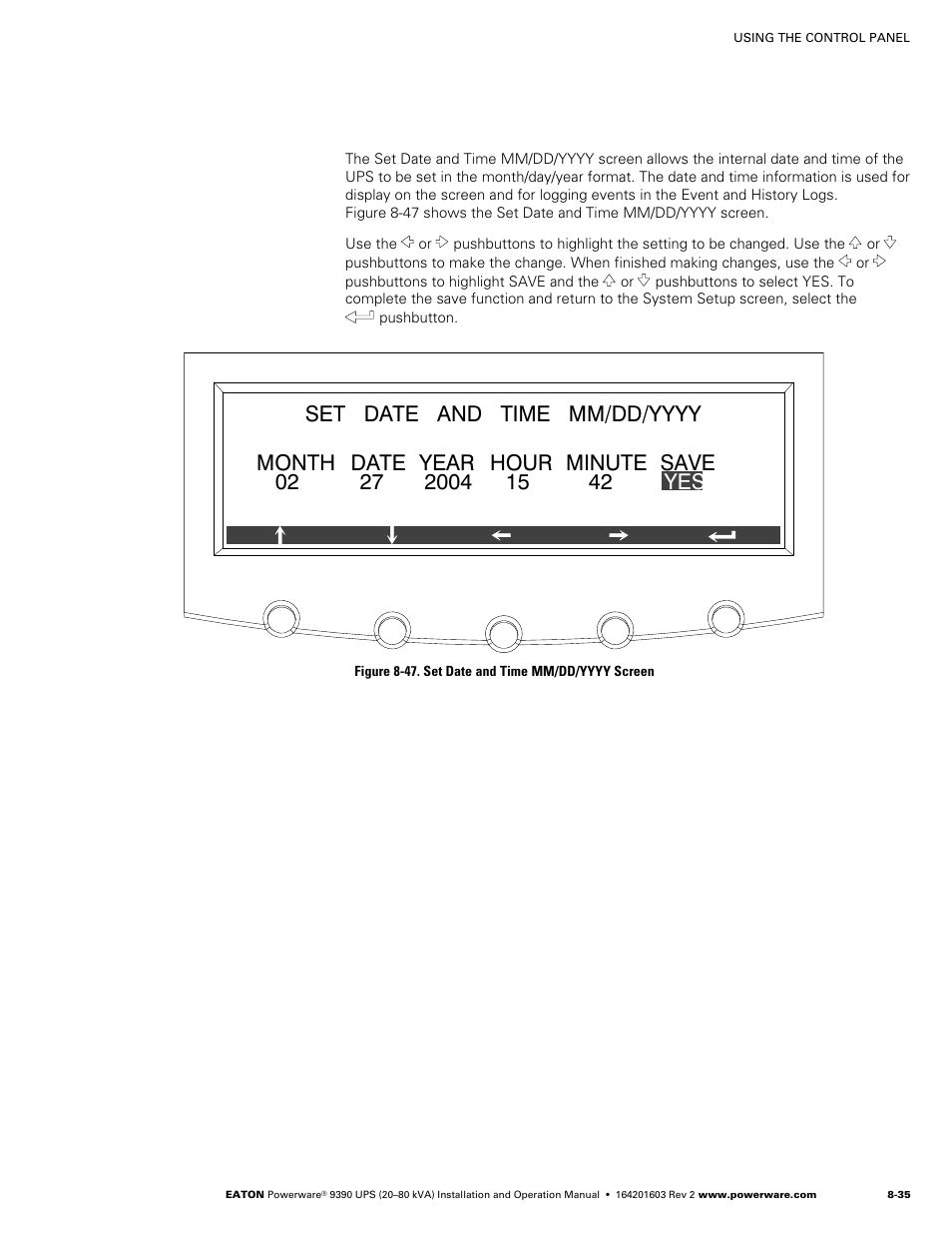 Figure 8‐47. set date and time mm/dd/yyyy screen | Powerware 9390 UPS 100160 kVA User Manual | Page 101 / 216