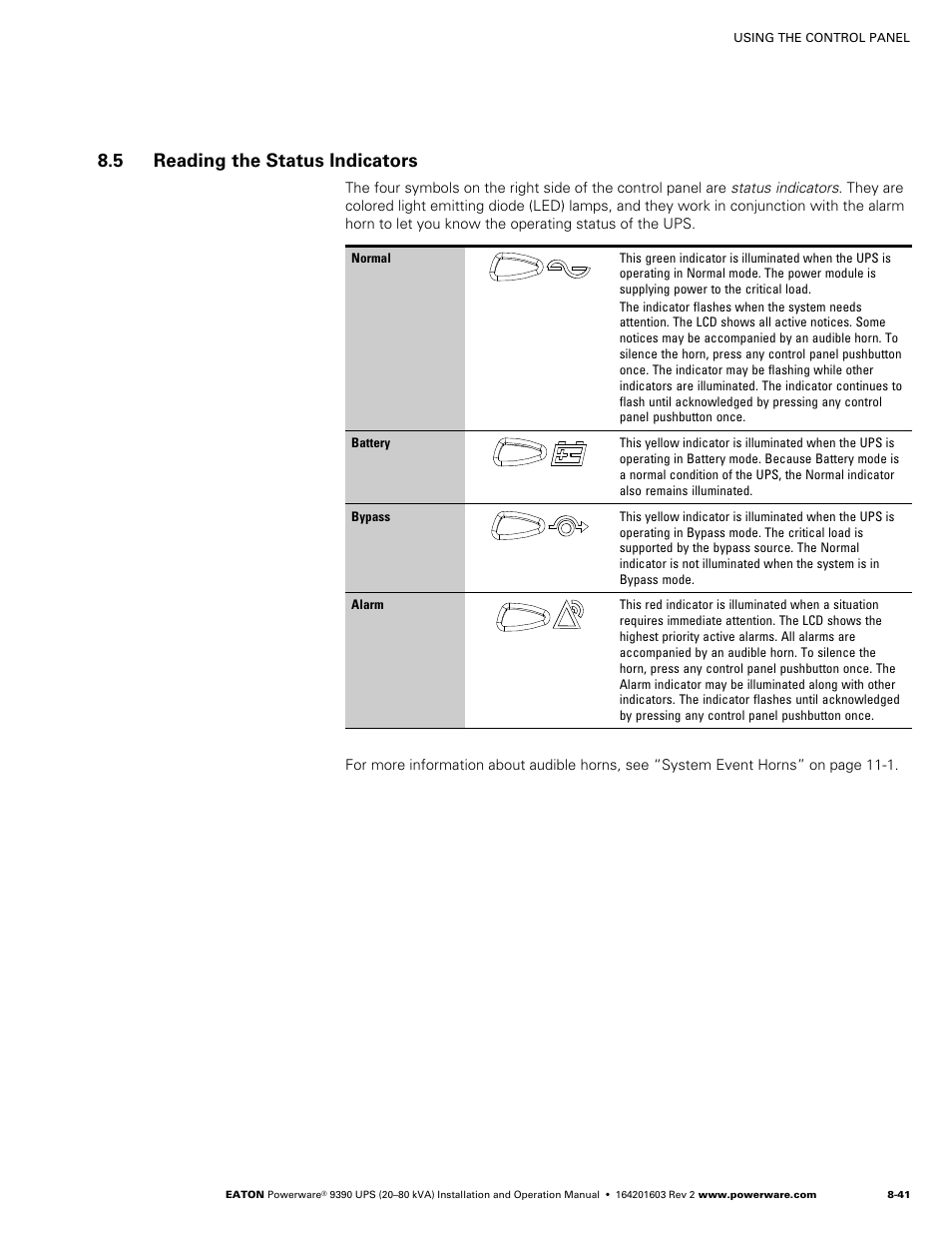 5 reading the status indicators, Reading the status indicators | Powerware 9390 UPS 100160 kVA User Manual | Page 107 / 216