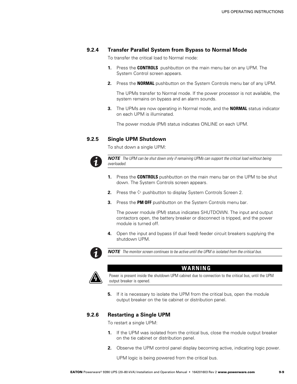 Single upm shutdown, Restarting a single upm, Parallel system and critical load shutdown | Powerware 9390 UPS 100160 kVA User Manual | Page 117 / 216