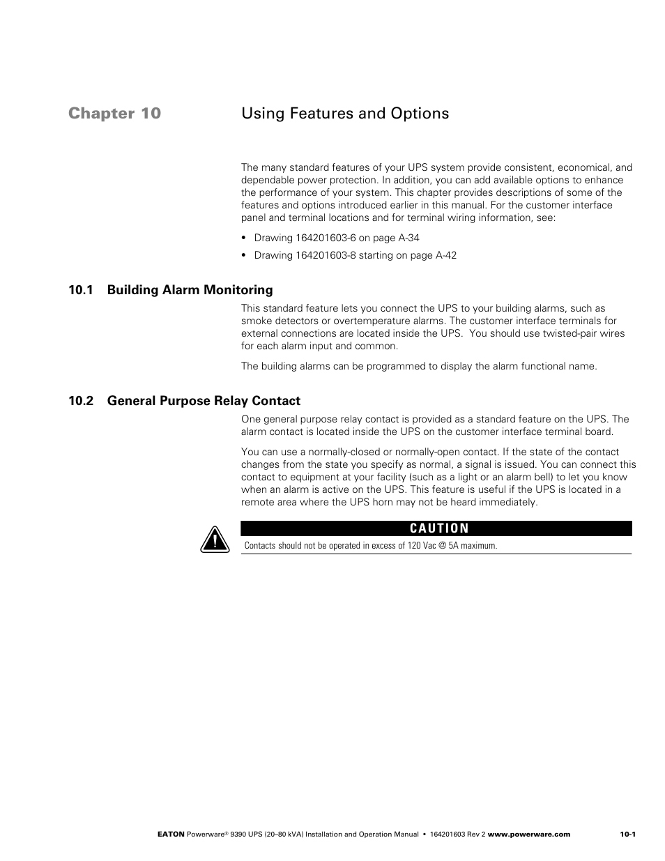 Chapter 10 using features and options, 1 building alarm monitoring, 2 general purpose relay contact | Optional remote monitor panel, Figure 10‐1. remote monitor panel | Powerware 9390 UPS 100160 kVA User Manual | Page 121 / 216