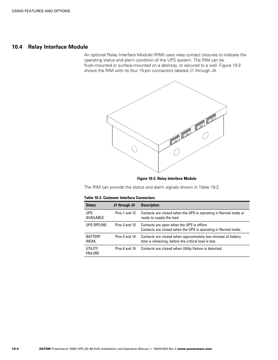 4 relay interface module, Supervisory contact module, Figure 10‐3. supervisory contact module | Powerware 9390 UPS 100160 kVA User Manual | Page 124 / 216