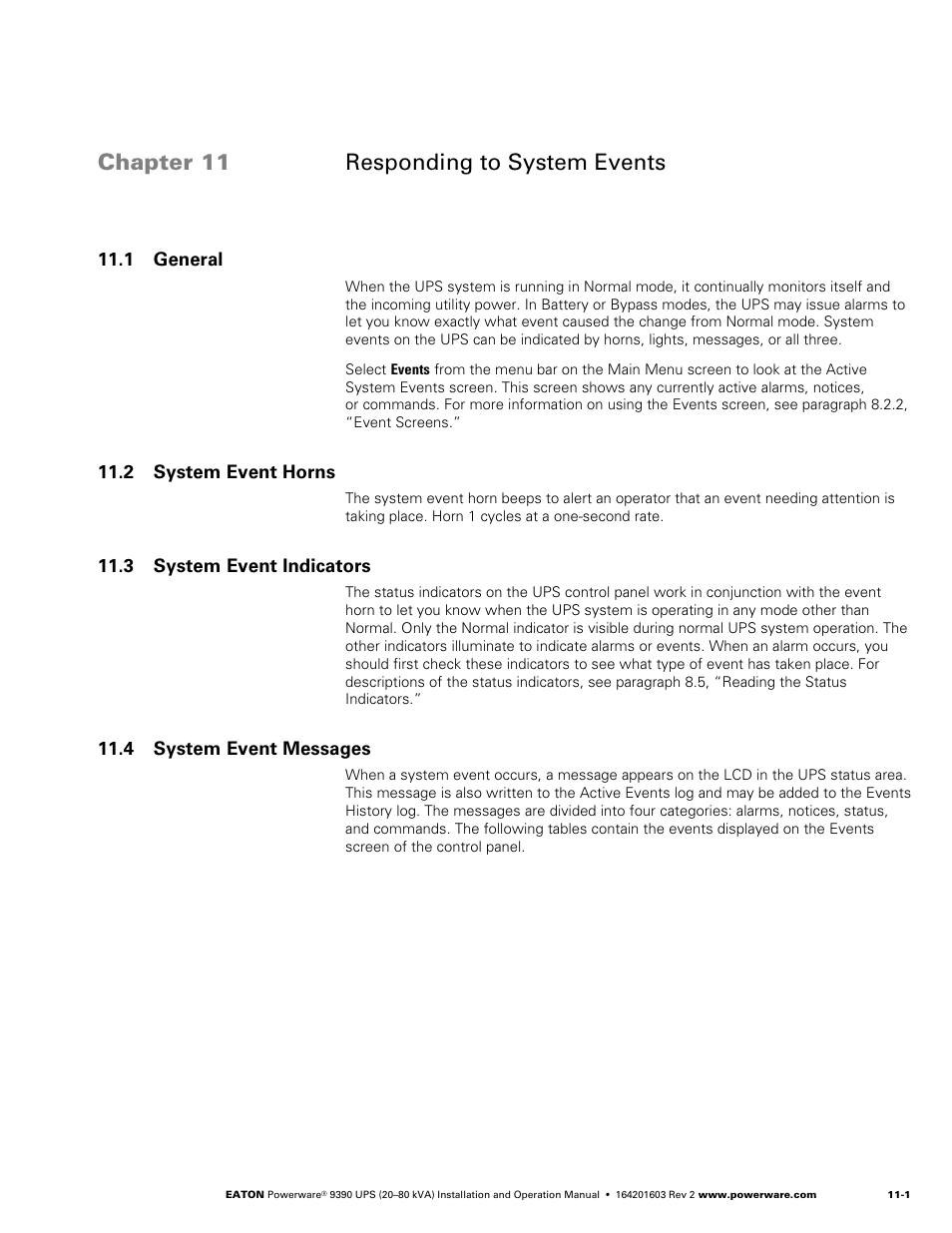 Chapter 11 responding to system events, 1 general, 2 system event horns | 3 system event indicators, 4 system event messages | Powerware 9390 UPS 100160 kVA User Manual | Page 127 / 216