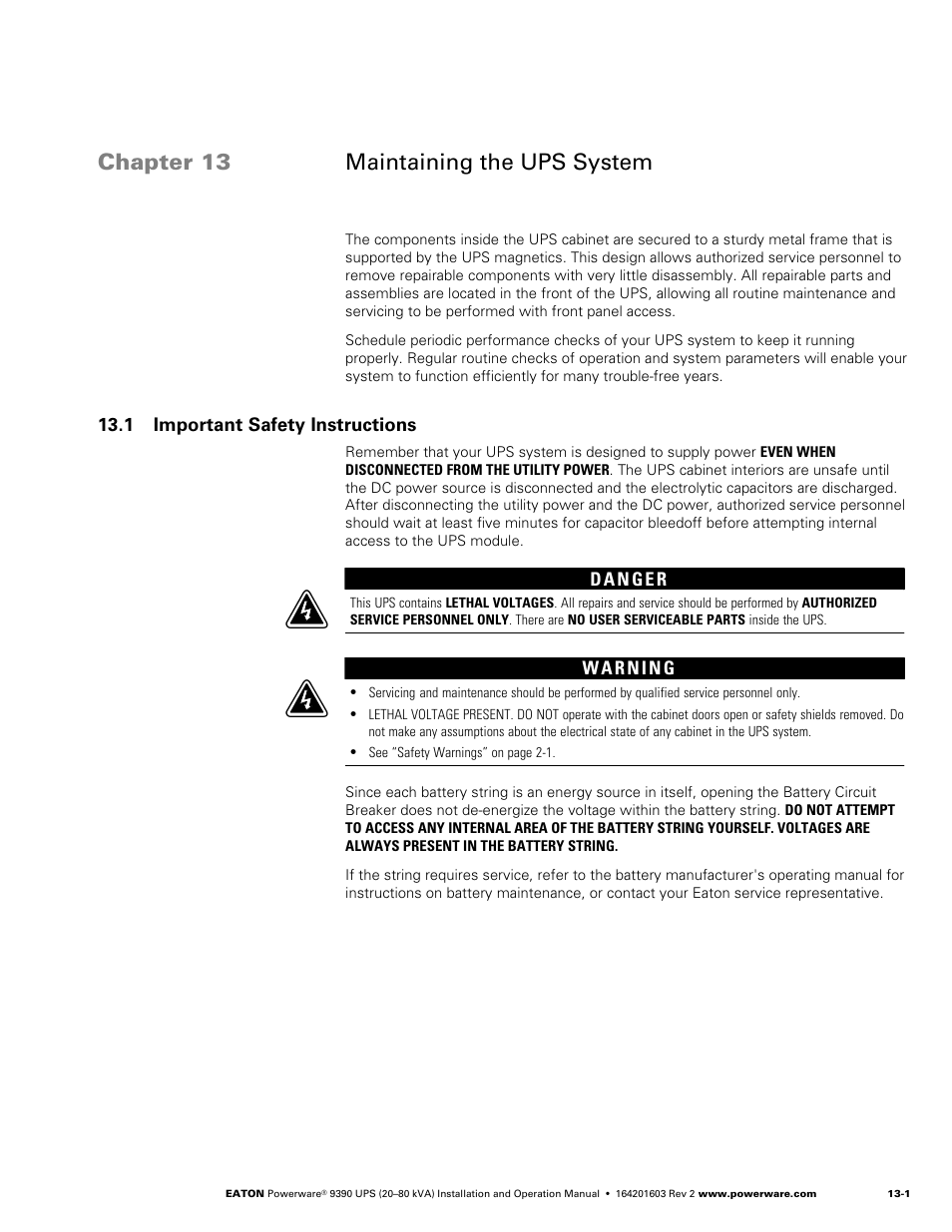 Chapter 13 maintaining the ups system, 1 important safety instructions, Performing preventive maintenance | Daily maintenance, Monthly maintenance, Annual maintenance | Powerware 9390 UPS 100160 kVA User Manual | Page 139 / 216