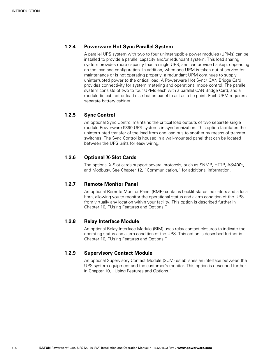 Powerware hot sync parallel system, Sync control, Optional x-slot cards | Remote monitor panel, Relay interface module, Supervisory contact module | Powerware 9390 UPS 100160 kVA User Manual | Page 14 / 216