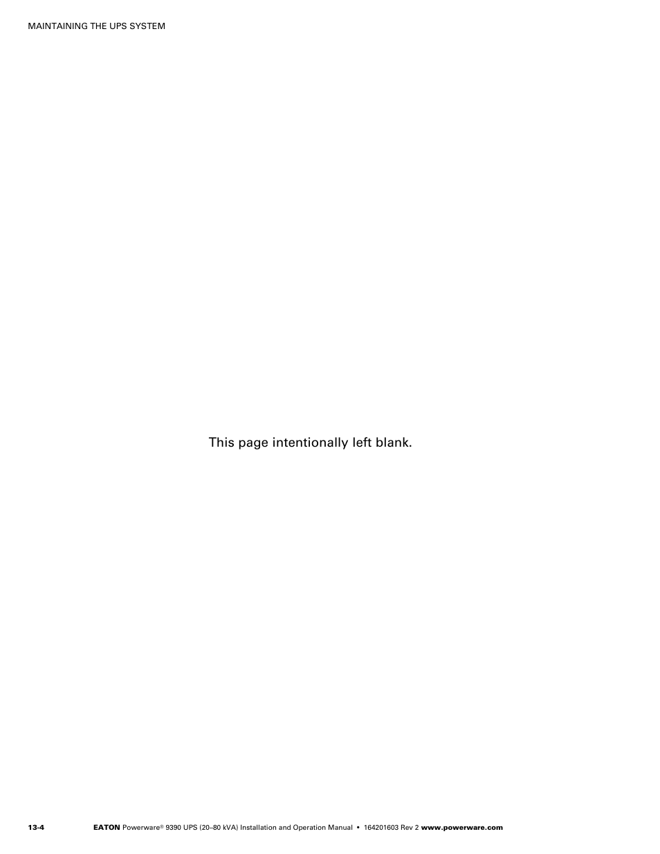 Product specifications, Model numbers, Single module specifications | Ups system input, This page intentionally left blank | Powerware 9390 UPS 100160 kVA User Manual | Page 142 / 216