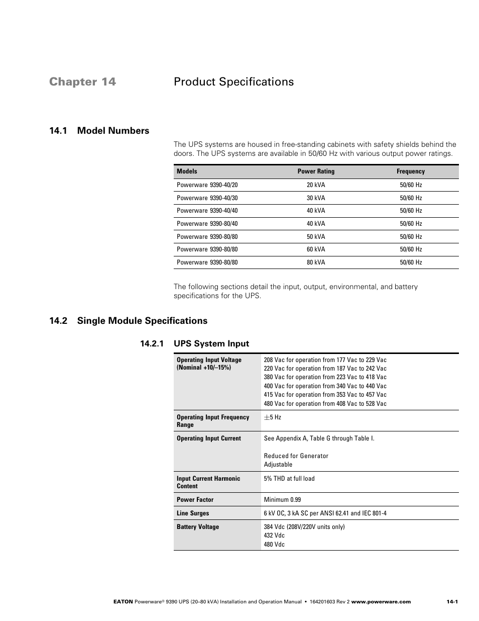 Chapter 14 product specifications, 1 model numbers, 2 single module specifications | Ups system input, Ups system output, Environmental, 1 ups system input | Powerware 9390 UPS 100160 kVA User Manual | Page 143 / 216