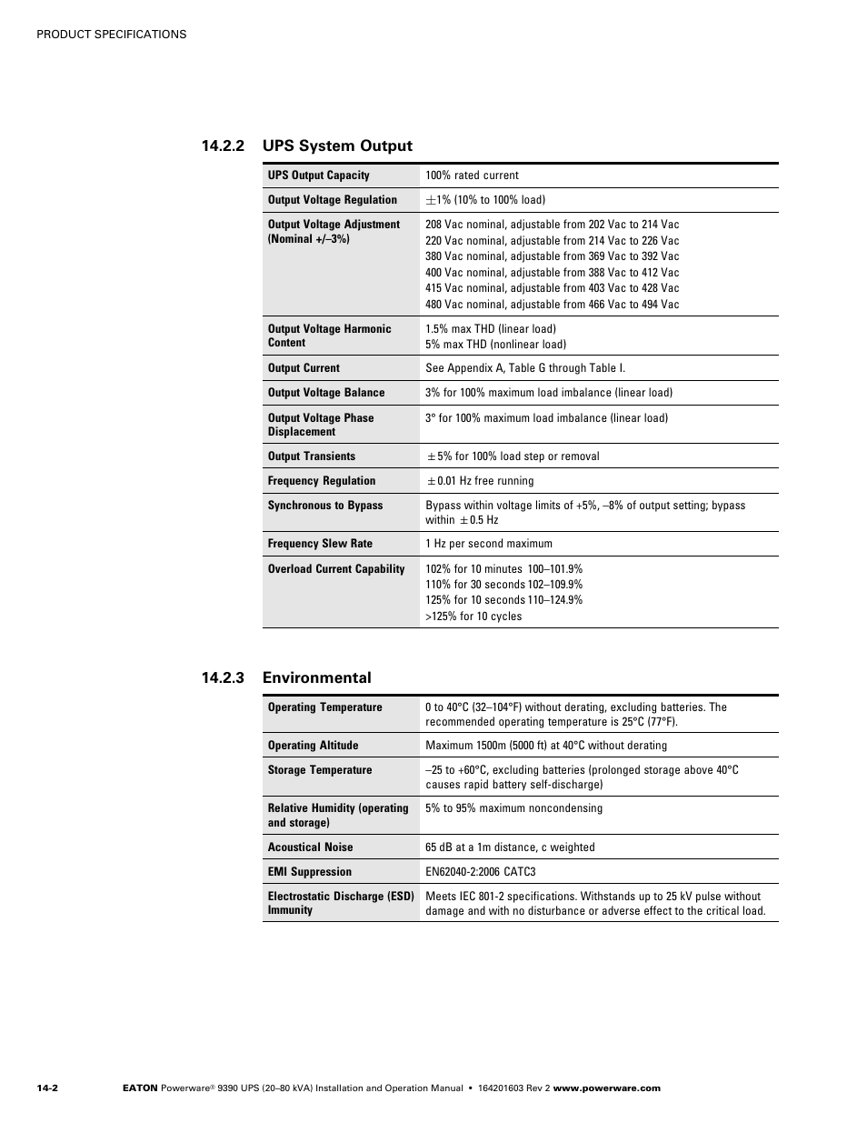 Ups system output, Environmental, Multiple module parallel specifications | Upm input, Upm output, Battery, Module tie cabinet input, Module tie cabinet output, 2 ups system output, 3 environmental | Powerware 9390 UPS 100160 kVA User Manual | Page 144 / 216