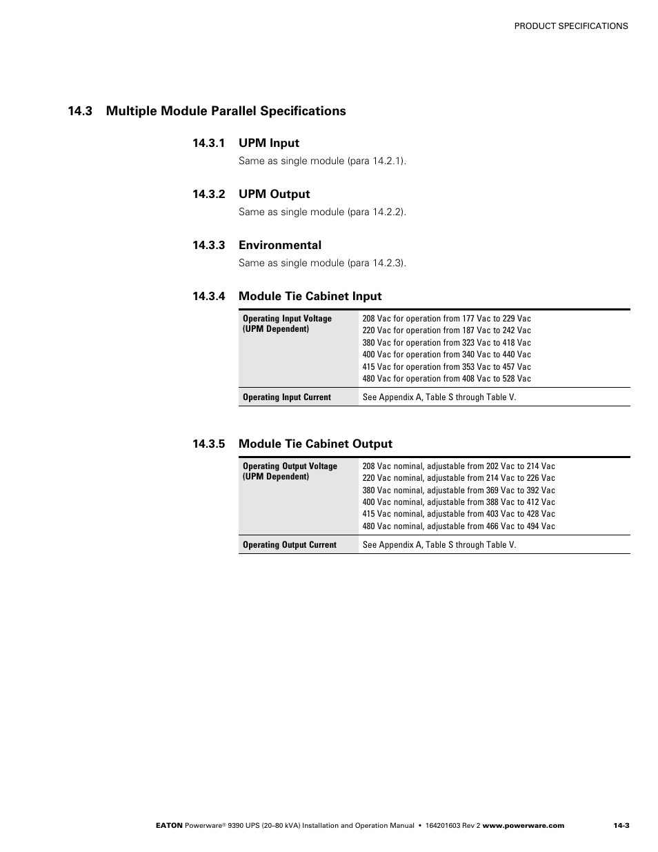 3 multiple module parallel specifications, Upm input, Upm output | Environmental, Module tie cabinet input, Module tie cabinet output | Powerware 9390 UPS 100160 kVA User Manual | Page 145 / 216