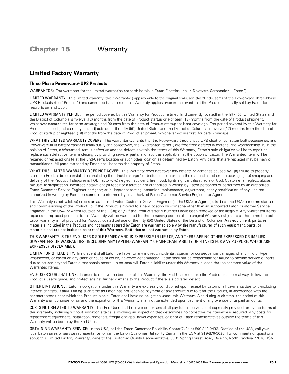 Chapter 15 warranty, Limited factory warranty | Powerware 9390 UPS 100160 kVA User Manual | Page 147 / 216