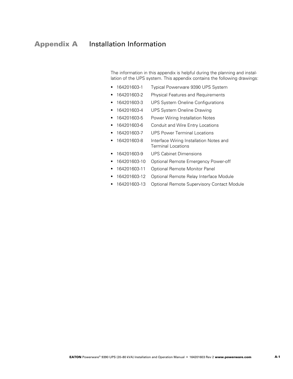 Appendix ainstallation information, Appendix a, Installation information | Powerware 9390 UPS 100160 kVA User Manual | Page 149 / 216