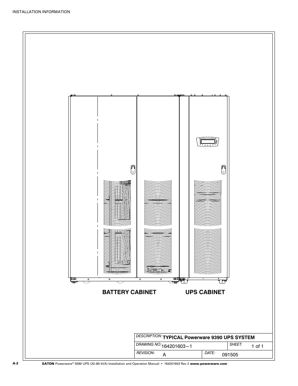 See table a, Battery cabinet ups cabinet | Powerware 9390 UPS 100160 kVA User Manual | Page 150 / 216