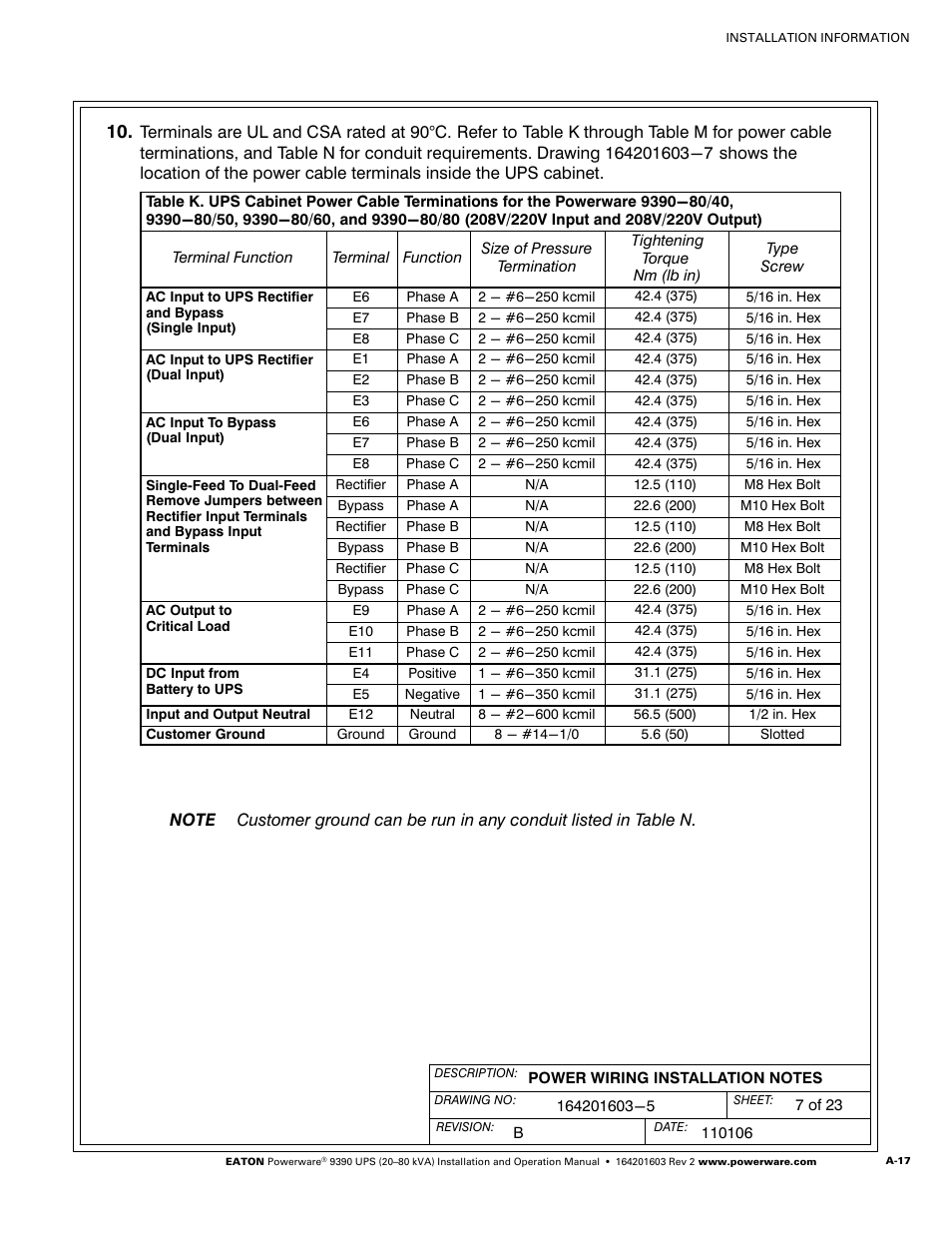 Powerware 9390 UPS 100160 kVA User Manual | Page 165 / 216