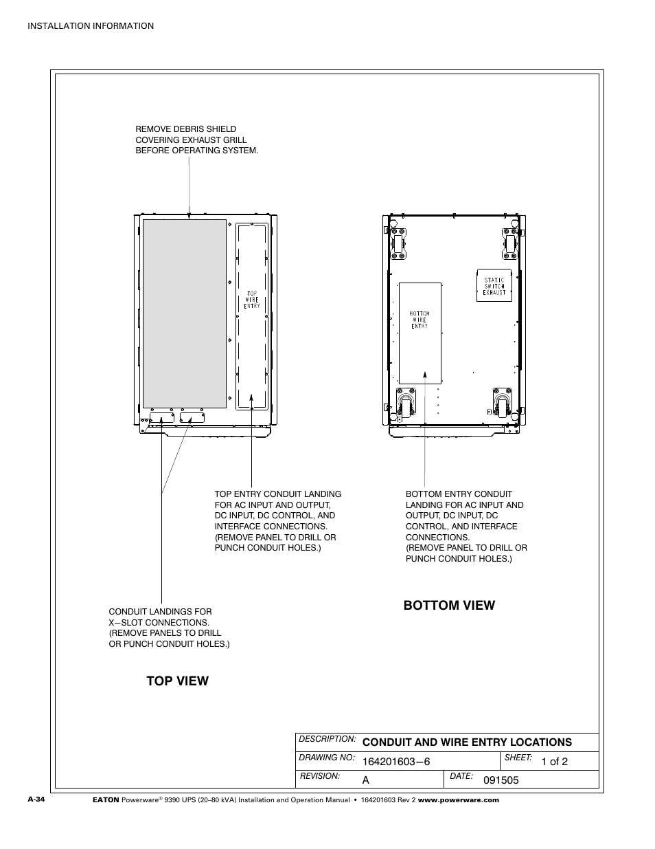 Top view bottom view | Powerware 9390 UPS 100160 kVA User Manual | Page 182 / 216