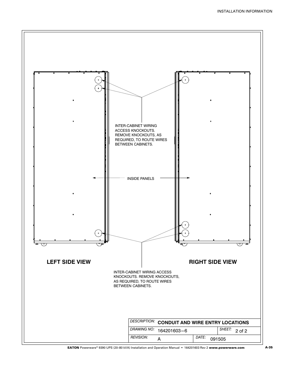 Drawing 164201603-7, Left side view, Right side view | Powerware 9390 UPS 100160 kVA User Manual | Page 183 / 216