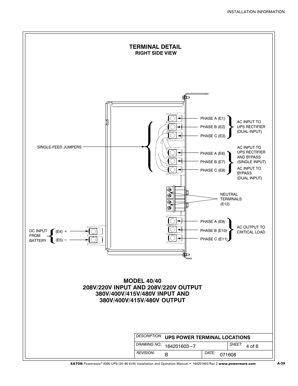 Terminal detail | Powerware 9390 UPS 100160 kVA User Manual | Page 187 / 216