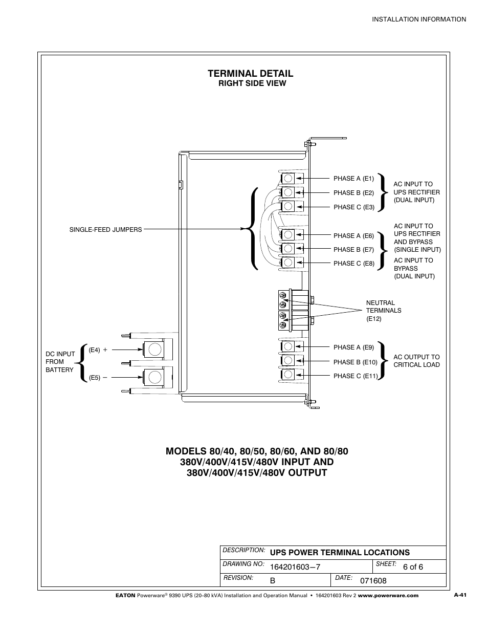 A-42 for powerware hot sync, Terminal detail | Powerware 9390 UPS 100160 kVA User Manual | Page 189 / 216