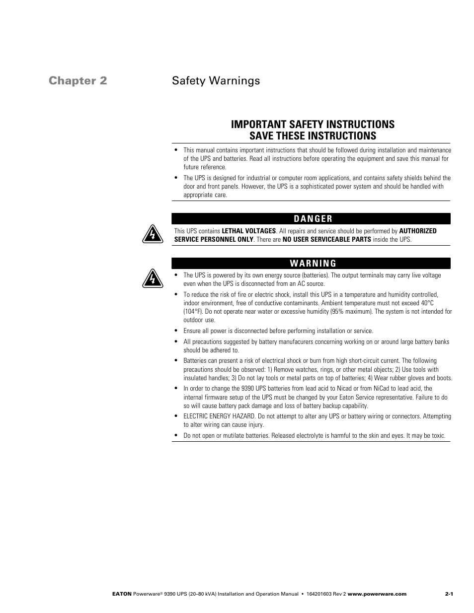 Chapter 2 safety warnings, Safety warnings | Powerware 9390 UPS 100160 kVA User Manual | Page 19 / 216