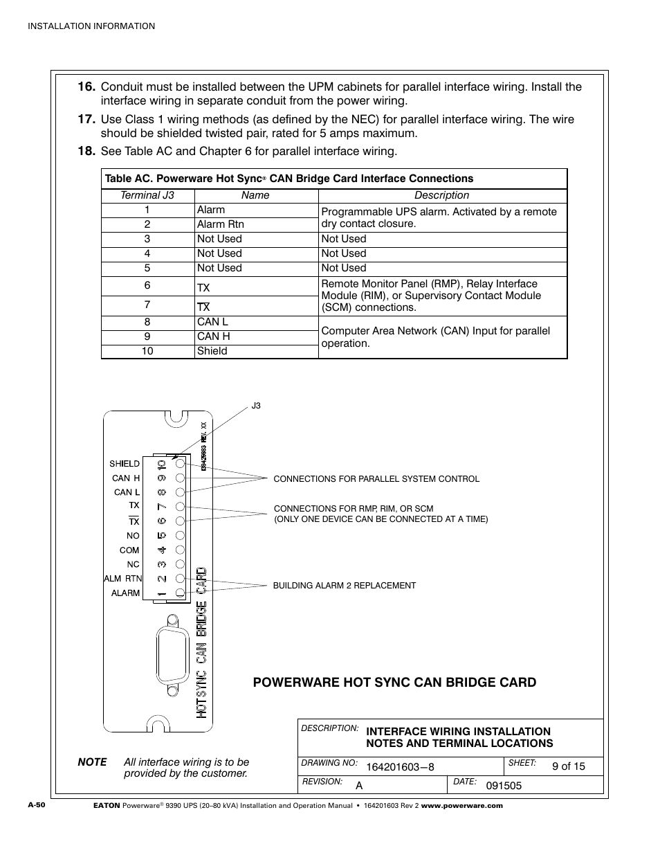 Powerware hot sync can bridge card | Powerware 9390 UPS 100160 kVA User Manual | Page 198 / 216