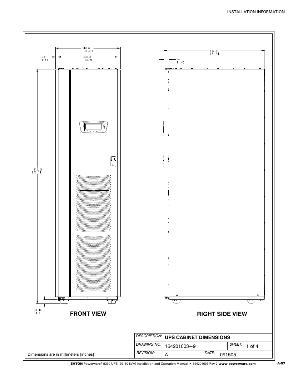 Right side view, Front view | Powerware 9390 UPS 100160 kVA User Manual | Page 205 / 216