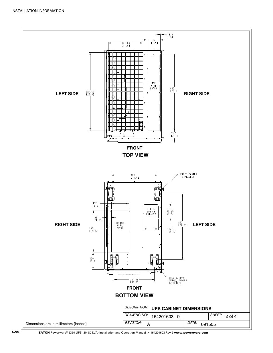 Top view bottom view | Powerware 9390 UPS 100160 kVA User Manual | Page 206 / 216