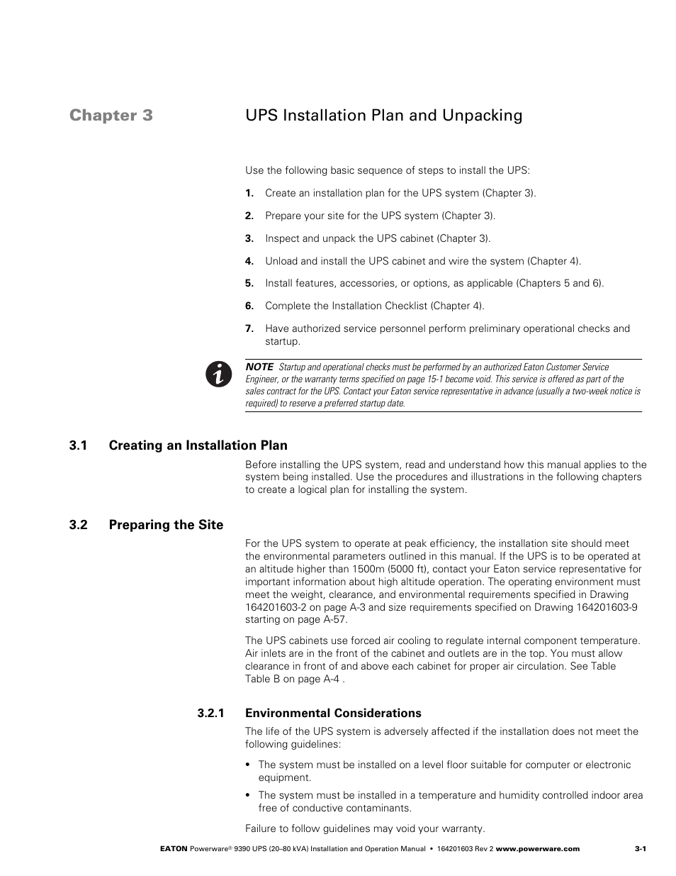 Chapter 3 ups installation plan and unpacking, 1 creating an installation plan, 2 preparing the site | Environmental considerations, Ups installation plan and unpacking, Creating an installation plan, Preparing the site | Powerware 9390 UPS 100160 kVA User Manual | Page 23 / 216