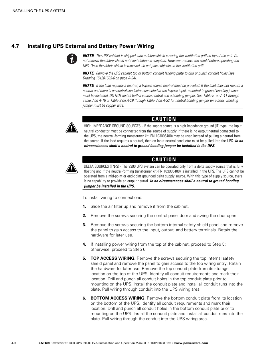 7 installing ups external and battery power wiring, Integrated accessory cabinet installation, Ups sidecar wiring | Installing ups external and battery power wiring, Otherwise, proceed to paragraph 4.7 | Powerware 9390 UPS 100160 kVA User Manual | Page 32 / 216