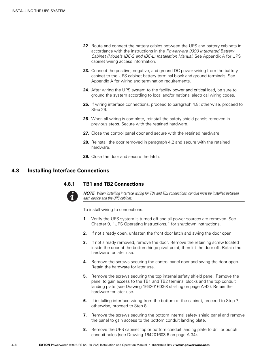 8 installing interface connections, Tb1 and tb2 connections, External wiring installation procedure b | Proceed to step 22 | Powerware 9390 UPS 100160 kVA User Manual | Page 34 / 216