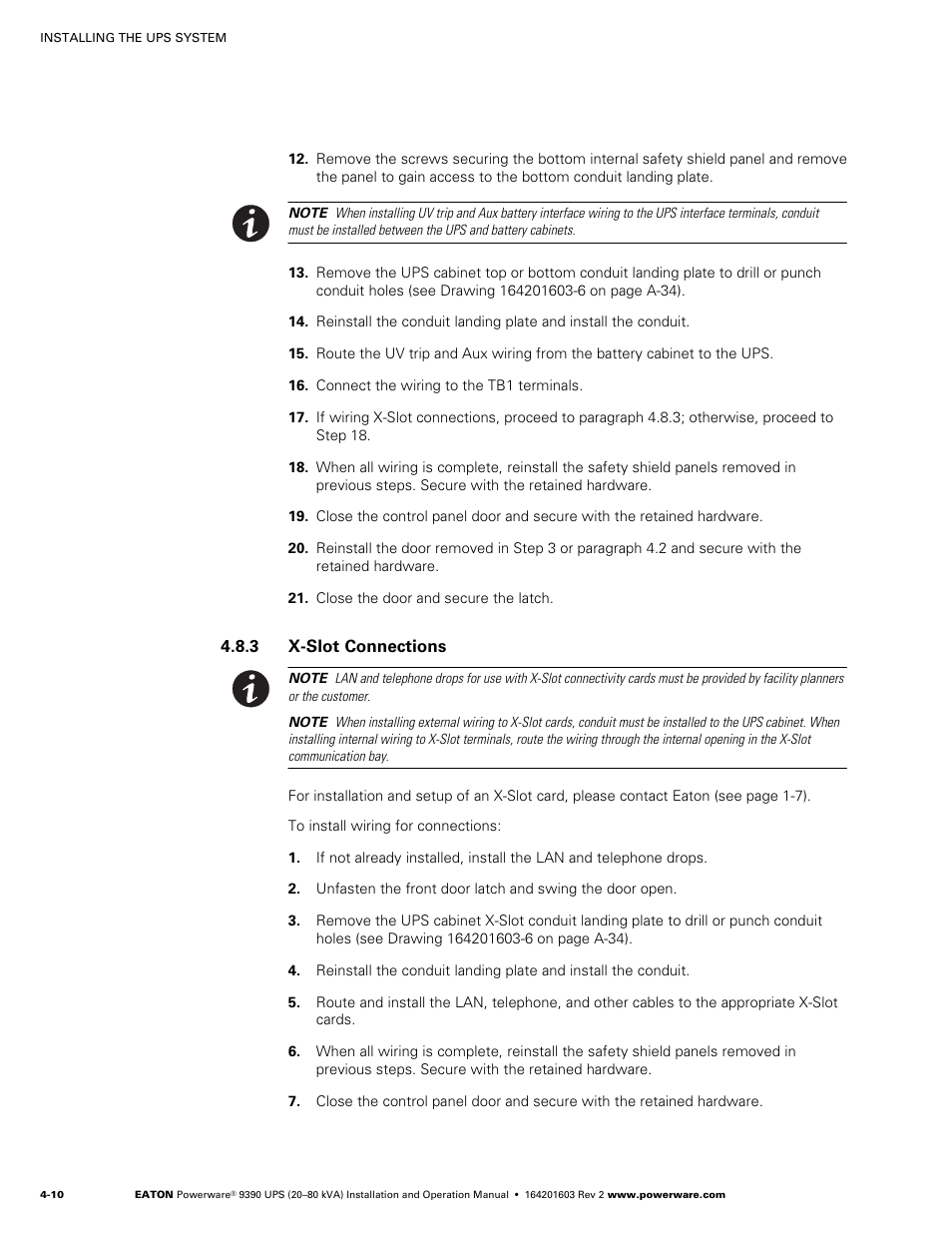 X-slot connections, Battery wiring, Installing interface connections | Tb1 and tb2 connections, Proceed to step 17, Otherwise, proceed to step 13, 3 x-slot connections | Powerware 9390 UPS 100160 kVA User Manual | Page 36 / 216