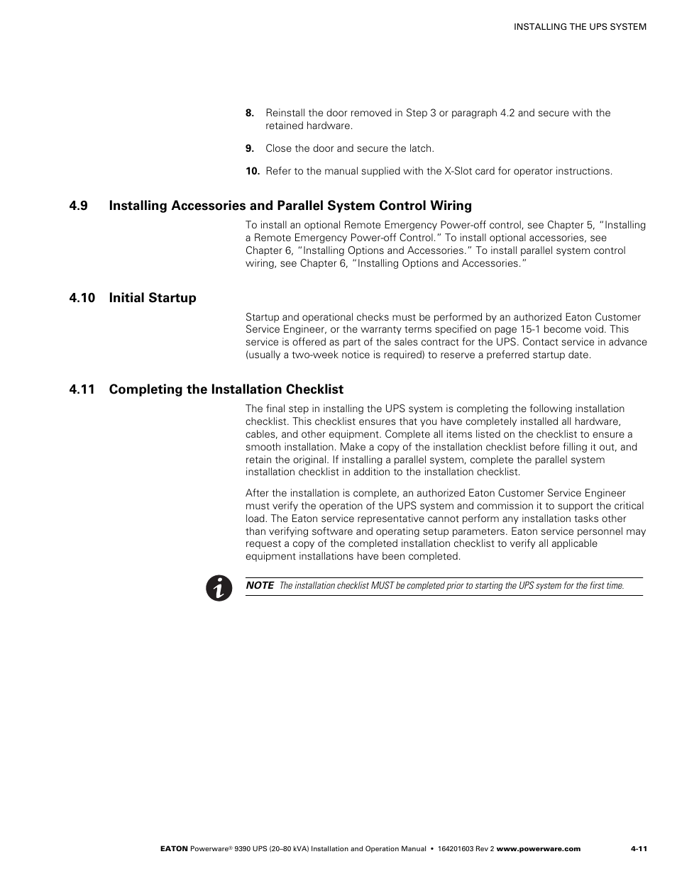 10 initial startup, 11 completing the installation checklist, Tb2 battery cabinet connections | Powerware 9390 UPS 100160 kVA User Manual | Page 37 / 216