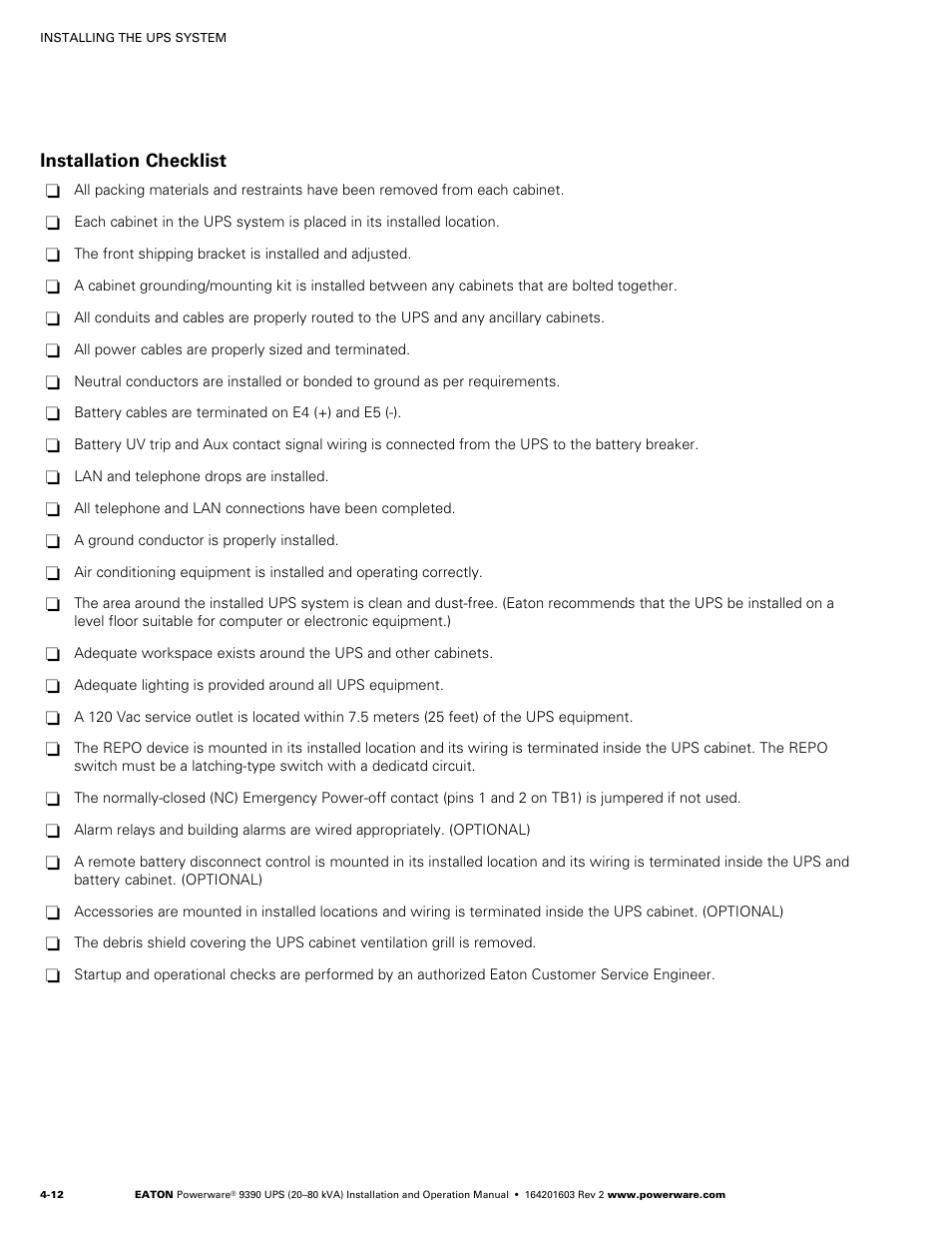 X-slot connections, Installation checklist | Powerware 9390 UPS 100160 kVA User Manual | Page 38 / 216