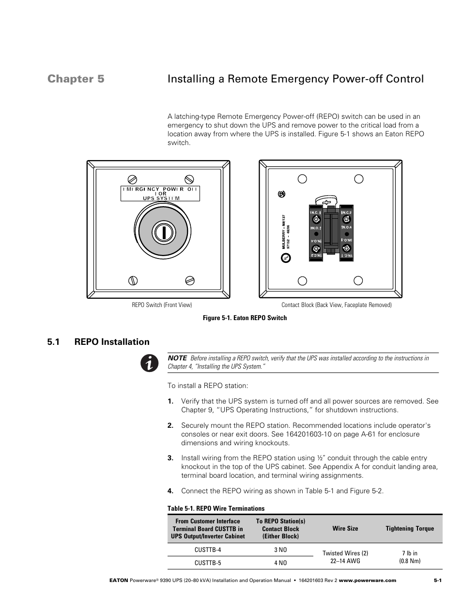 1 repo installation, Installing a remote emergency power-off control, Repo installation | Figure 5‐1. eaton repo switch | Powerware 9390 UPS 100160 kVA User Manual | Page 41 / 216