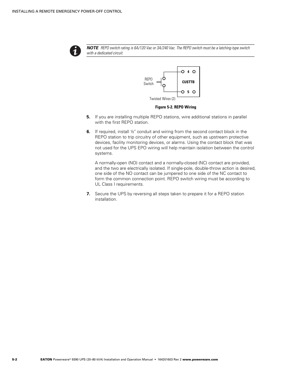 Figure 5‐2. repo wiring | Powerware 9390 UPS 100160 kVA User Manual | Page 42 / 216
