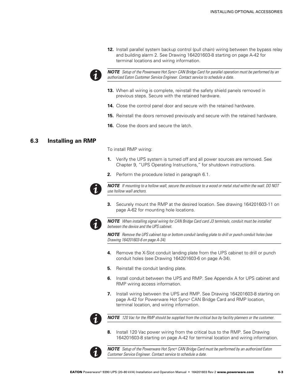 3 installing an rmp, Installing an rmp, Rmp wiring (see paragraph 6.3) | Powerware 9390 UPS 100160 kVA User Manual | Page 45 / 216