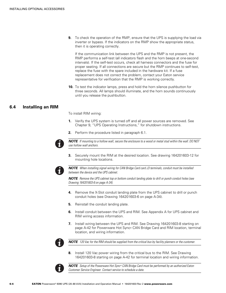 4 installing an rim, Installing a rim, Rim wiring (see paragraph 6.4) | Powerware 9390 UPS 100160 kVA User Manual | Page 46 / 216